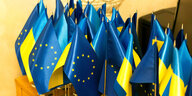 Kleine ukrainische und europäische Flaggen sind auf einem Tisch zu sehen