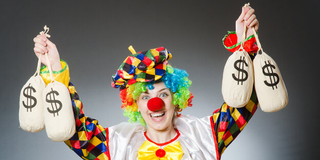 Clownin mit Geldsäcken