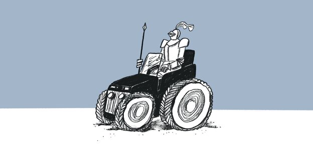 Illustration: ein Mensch mit Ritterüstung sitzt auf einem Traktor