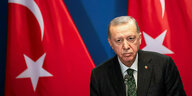 Der türkische Präsident Erdoğan vor türkischen Flaggen.