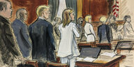 Verleumdungsprozess gegen Donald Trump: gezeichnete Szene aus dem Gerichtssaal