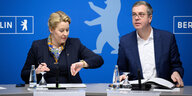 Das Bild zeigt die Senatsmitglieder Franziska Giffey (SPD) und Stefan Evers (CDU)