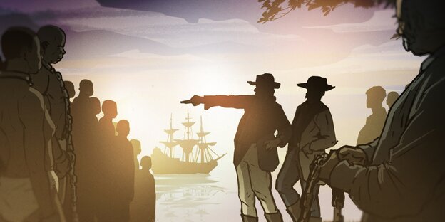 Illustration zeigt Männer mit Hüten, die einer Gruppe von Menschen in Ketten - Sklaven gegenüber stehen, einer zeigt herrisch mit dem Finger auf die Sklaven