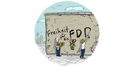 Farbiger Cartoon von Kittihawk, an eine Mauer wird Freiheit für die FDP gepinselt, eine Ampel ist durchgestrichen