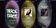Screenshots der Spotify-App zeigen Ergebnisse einer Track Tarot-Suche.
