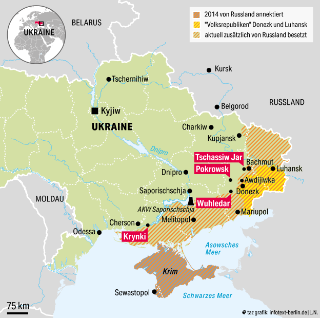 Een kaart van Oekraïne zegt in unterschiedlichen Schraffierungen (1) sinds 2014 van Rusland geassocieerd met de Oekraïense regio van de Krim, (2) die 