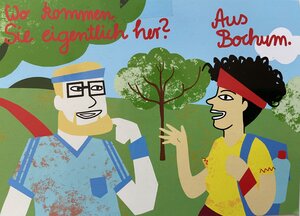 Eine Illustration mit zwei Personen, die sich unterhalten. Person 1 sagt: Woher kommst du? Person 2 sagt: aus Bochum