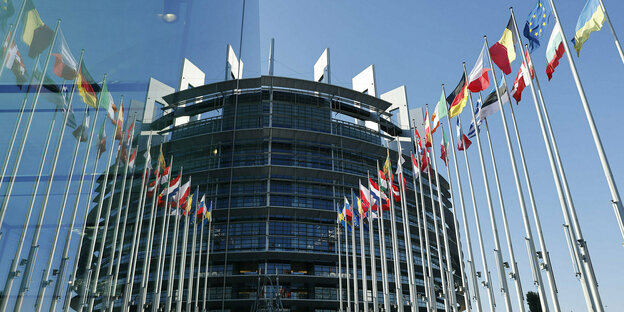Die Flaggen der europäischen Länder wehen am Europäischen Parlament.