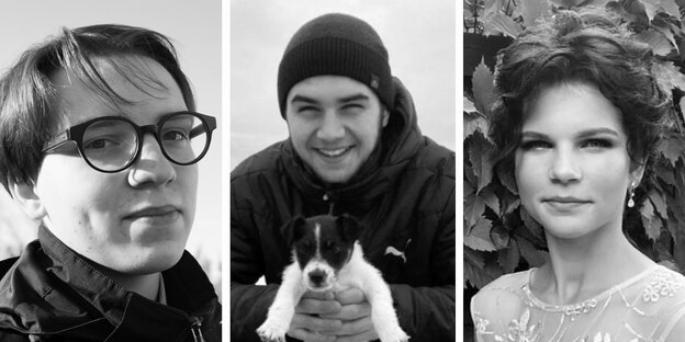 Schwarz-Weiß-Porträts von drei jungen Studenten, die im Krieg gefallen sind