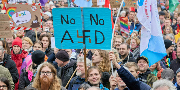 Protest gegen den AfD-Landesparteitag in der Südheide – ein blaues Schild ragt aus der Menge: Nein Nein AfD