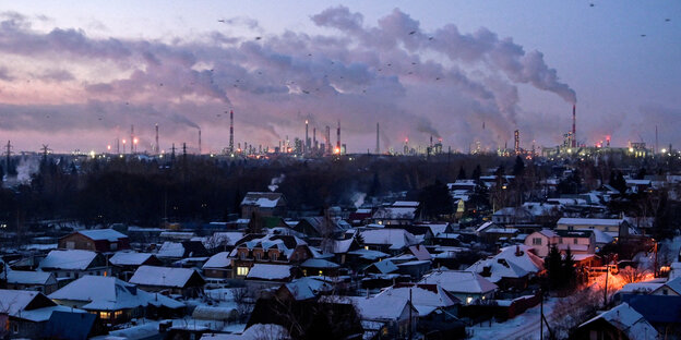 Vögel fliegen über Gebäude in der Stadt Omsk, im Hintergrund steigen Rauch und Dampf aus den Schornsteinen einer Ölraffinerie