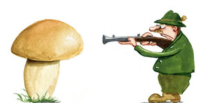 Ein Jäger schießt auf einen Pilz, Illustration.