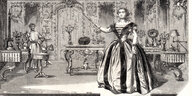 historische Darstellung einer zaubernden Frau,. Im vollständigen Original steht darunter klein der Text: "Théâtre de prestidigitation de M.lle Anguinet, au Pré-Catelan"