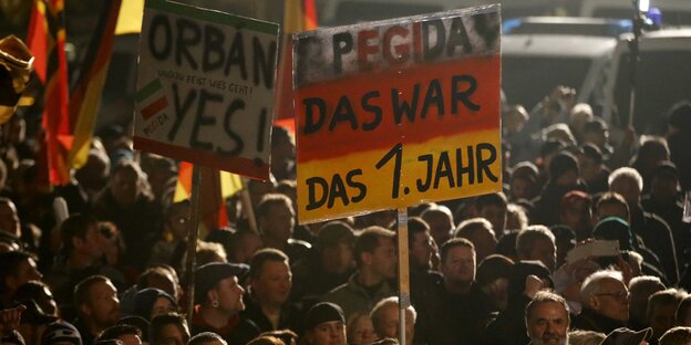 Pegida-Demonstranten in Dresden halten Plakate in die Höhe