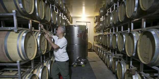in einem Weinlager mit zwei dreistöckigen Reihen von Weinfässern. Ein Mann hantiert an einem Fass. in einem Weinlager mit zwei dreistöckigen Reihen von Weinfässern. Ein Mann hantiert an einem Fass.