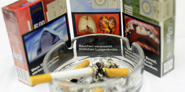 Drei Zigarettenschachteln mit Warnhinweisen und Warnfotos, davor ein Aschenbecher Drei Zigarettenschachteln mit Warnhinweisen und Warnfotos, davor ein Aschenbecher