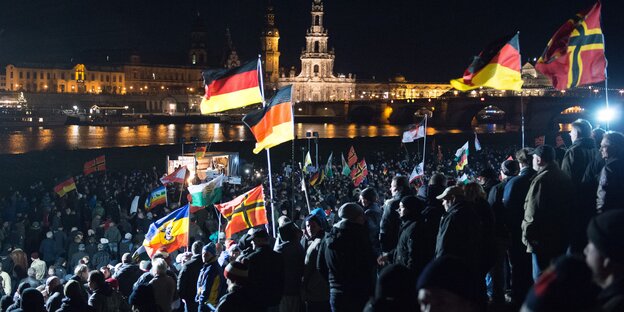 Eine Grppe von Menschen mit Deutschlandfahnen, im Hintergund Dresden im Abendlicht Eine Grppe von Menschen mit Deutschlandfahnen, im Hintergund Dresden im Abendlicht