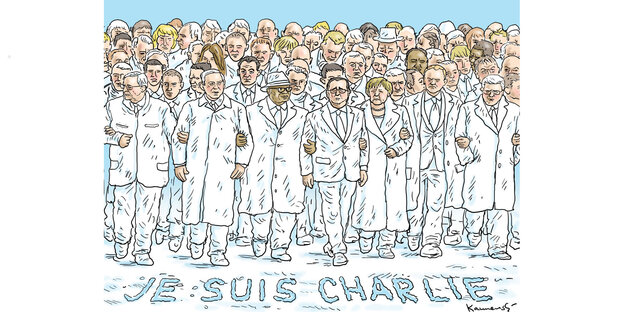 Karikatur zeigt Staats- und RegierungschefInnen Arm in Arm bei Charlie Hebdo Demo am 11.01.2015 Karikatur zeigt Staats- und RegierungschefInnen Arm in Arm bei Charlie Hebdo Demo am 11.01.2015