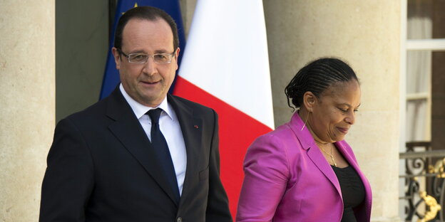 Hollande und Taubira vor dem Elyseepalast Hollande und Taubira vor dem Elyseepalast